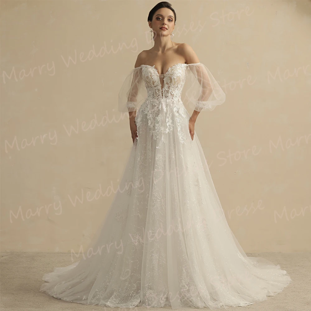 Lussuosi abiti da sposa da donna A Line Appliques di pizzo alla moda abiti da sposa A cuore nuovi abiti con maniche A sbuffo Novias Boda