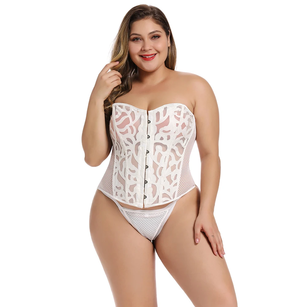 Plus Size Sexy Transparent Mesh Corselet Hollow Out Corset Bustier Top Breathable Shapewear Costumes