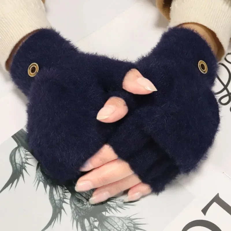 

Winter Flip Women Gloves Cute Warm Knit Fleece Half-Finger Clamshell Kawaii Gloves for Female Students Writing Plush Gloves