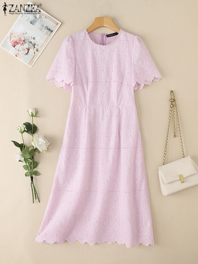 

ZANZEA Openwork Embroidery Solid A-line Robes O-Neck Fashion Short Sleeve Women Cocktail Dresses Elegant Lace Trim Midi Vestidos