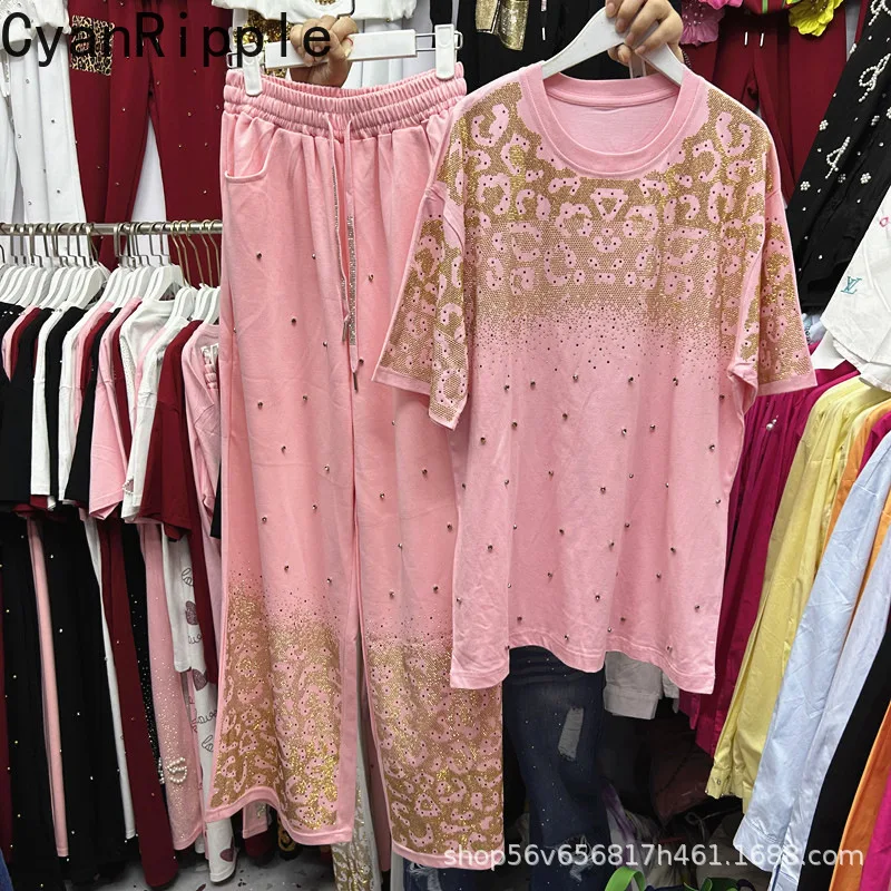 

Модный весенне-летний женский комплект из двух предметов с леопардовыми бриллиантами, свободная футболка с короткими рукавами, топ + прямые брюки с эластичной резинкой на талии