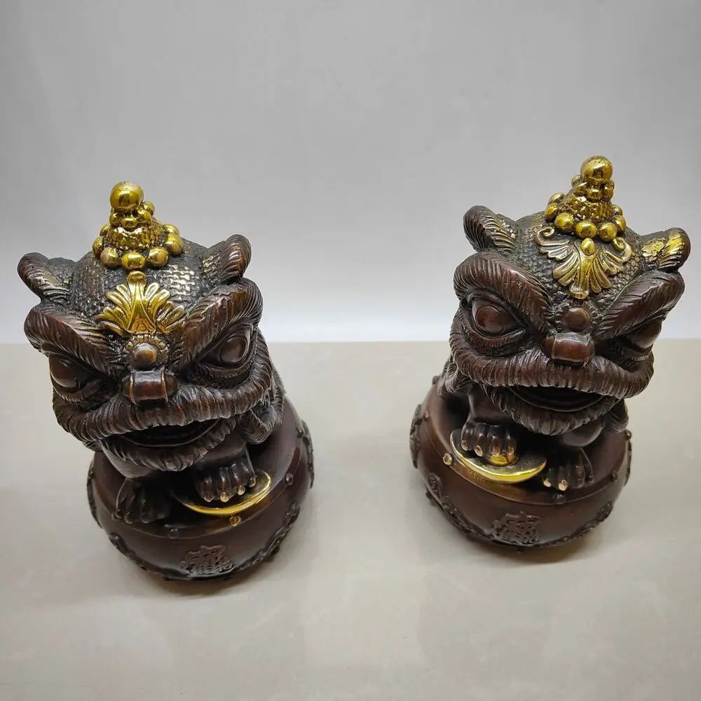 A Pair Collectible Chinese Copper Bronze Gilding Wealth Lions Statue 125016