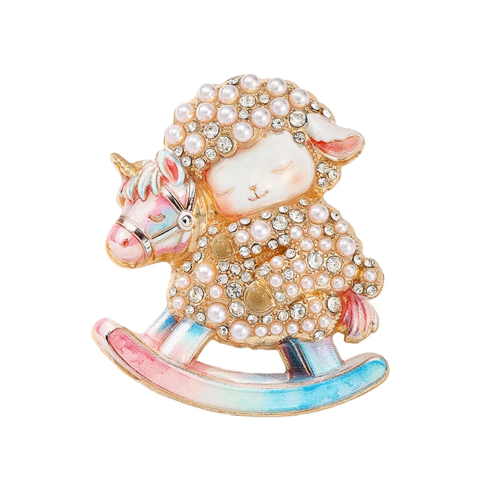 Adorable Sheep Brooches For Women Unisex Pearl Riding Rocking Horse Lamb Goat Animal New Year Party Casual Brooch Pins