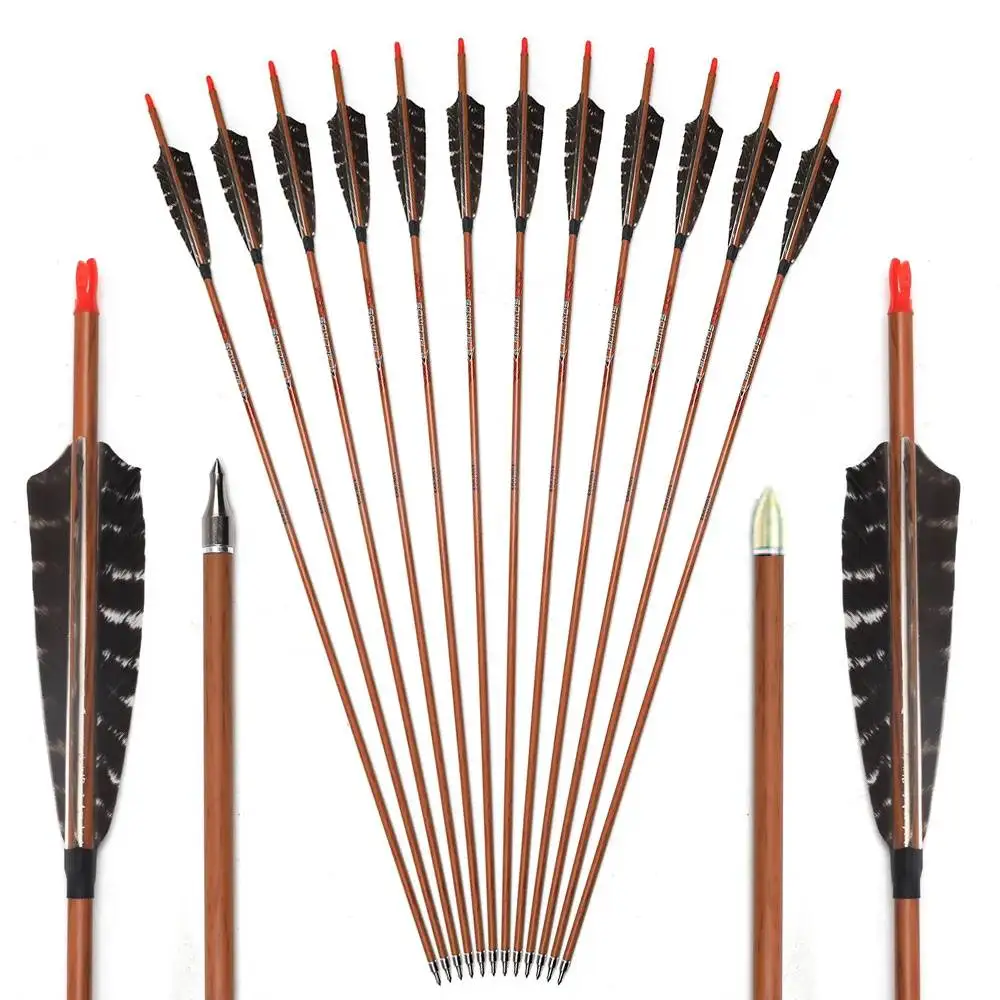 

6pc ID6.2 Wood Skin Carbon Arrows 23-32 inch Spine 400 500 600 700 With 5" Real Feather for Longbow Recurve Bow