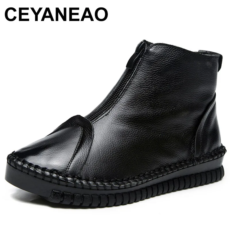 

2025 Flat Boots Women Shoes Autumn Winter Fur Fashion Round Toe Genuine Leather Women Boots Ladies Shoes Plus Size 35-43