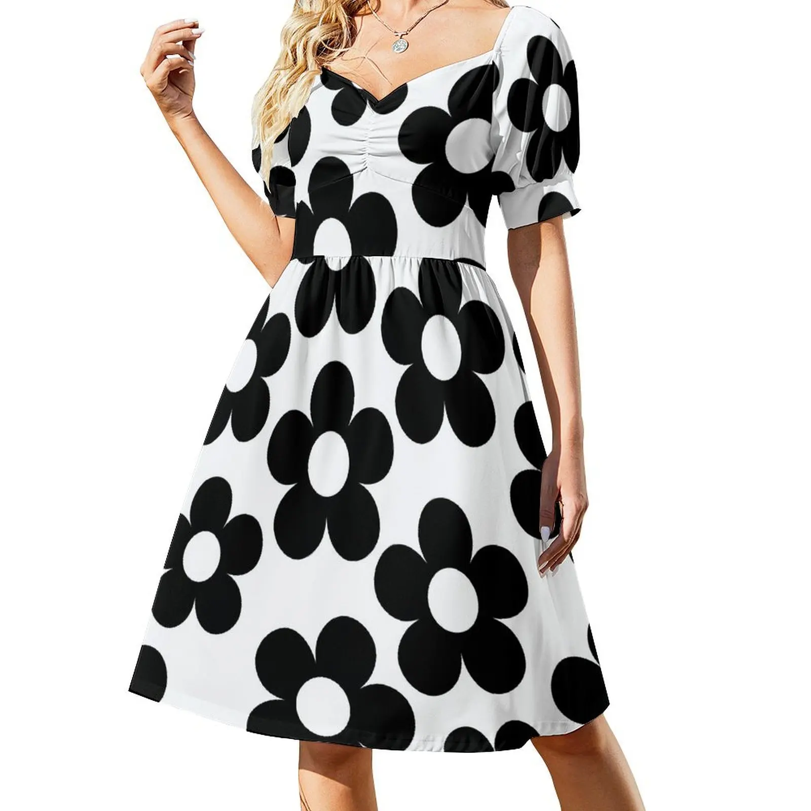 Black and White Flower Blossoms Short Sleeved Dress Bride dresses summer dresses ladies 2025 Dress