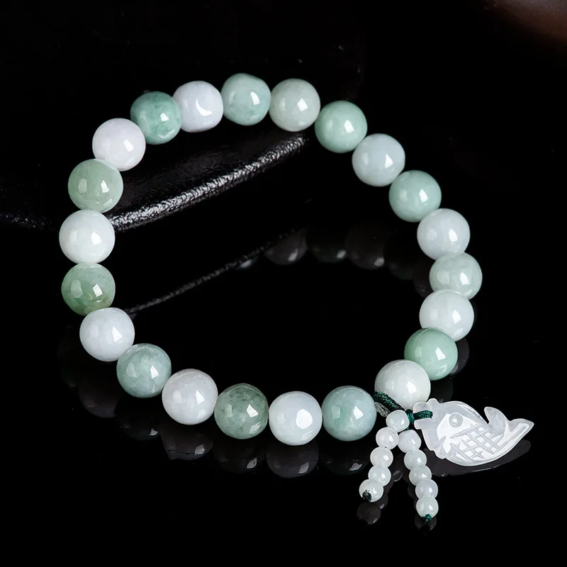 Natural Burmese A-grade Jadeite Like Fish Water Green White Jade Bead Bracelet Glutinous Men's Gifts Women's Jewelry Drop Ship