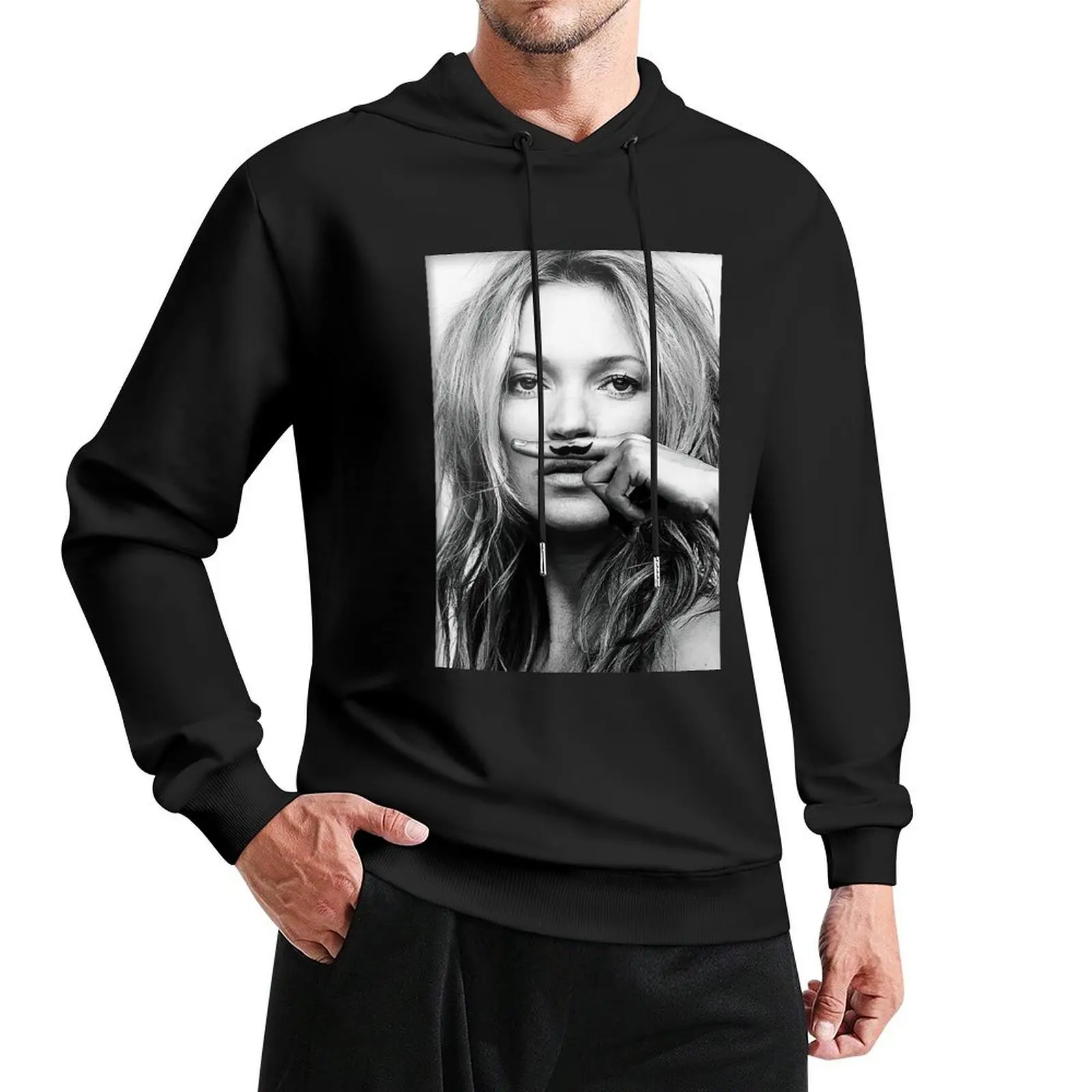 Kate Moss, Mustache, Black and White Photograph Pullover Hoodie autumn clothes japanese style mens hoodies