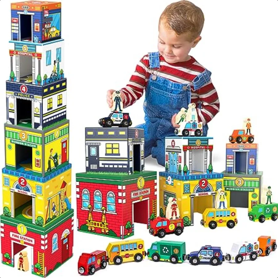 ألعاب فرز وتراص للأطفال الصغار من Atoylink مع سيارات خشبية مغناطيسية، مساعدات المجتمع، كتل أرقام الطفل، صناديق التعشيش لمرحلة ما قبل المدرسة