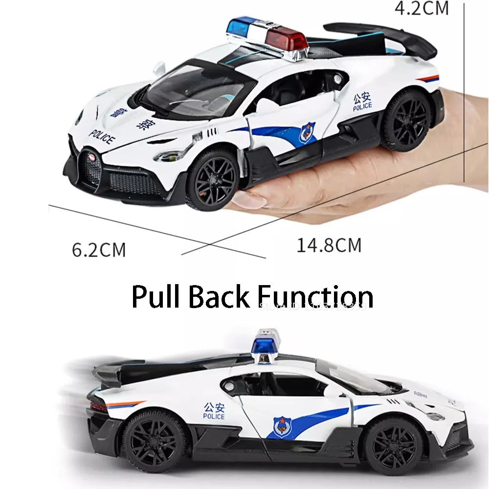 Modelo de coche de policía DIVO 1:32, juguetes en miniatura, coches deportivos fundidos a presión de aleación, puertas abiertas, luz de sonido, Mini supercares, regalos para niños