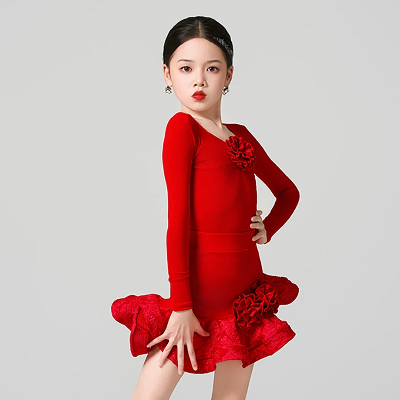 Kids Girl Latin Dance Red Long Sleeve Bodysuit and Jacquard Fishbone Skirt Training Ballroom Dancewear Competition Costume