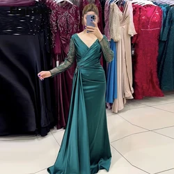 Eightale Emerald Green Evening Dress for Wedding Party Long Sleeves V-Neck Satin Beaded Mermaid Celebrity Formal Prom Gowns