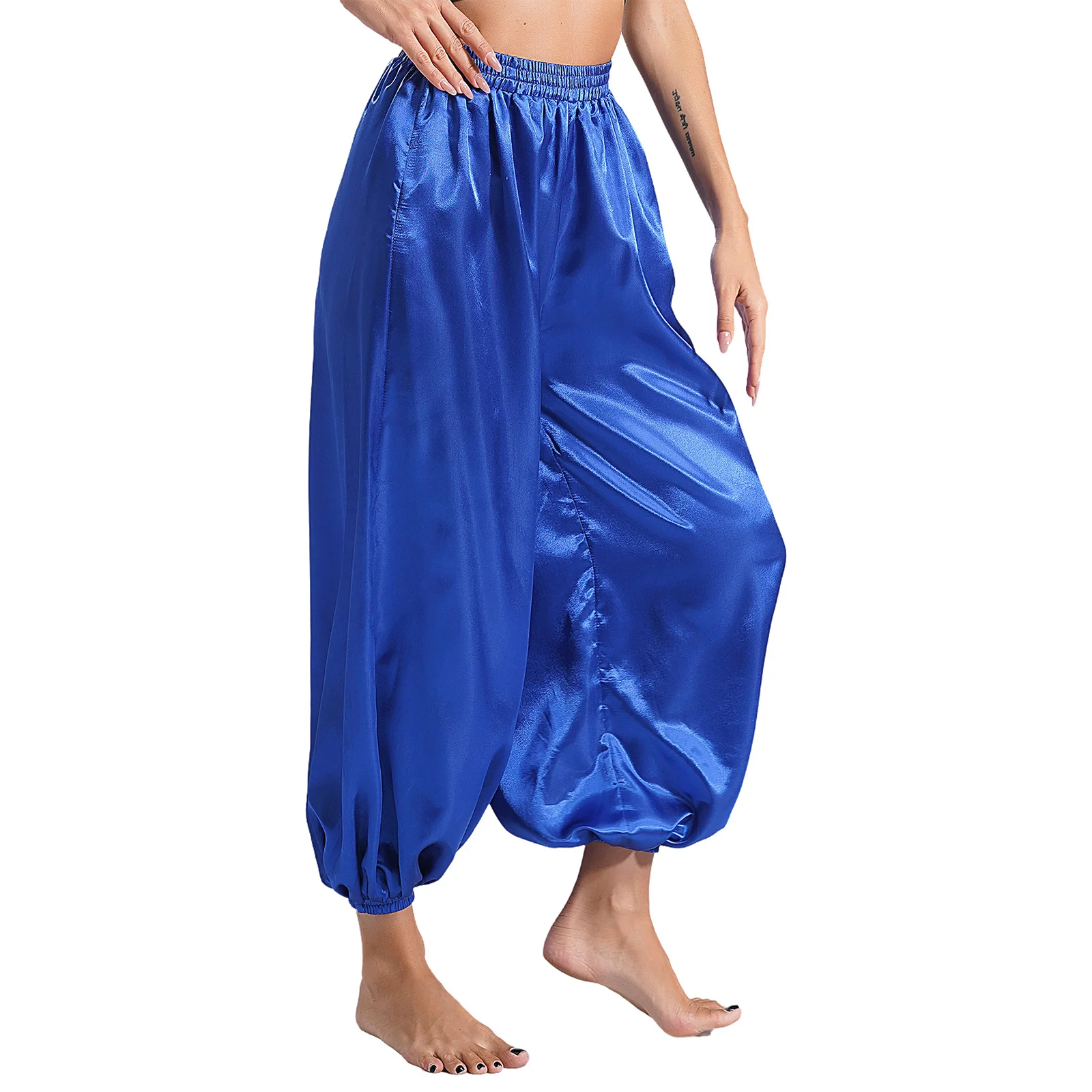 Womens Belly Dance Harem Pants Loose Elastic Waistband Satin Bloomers Trousers Carnival Party Arabian Princess Cosplay Costume