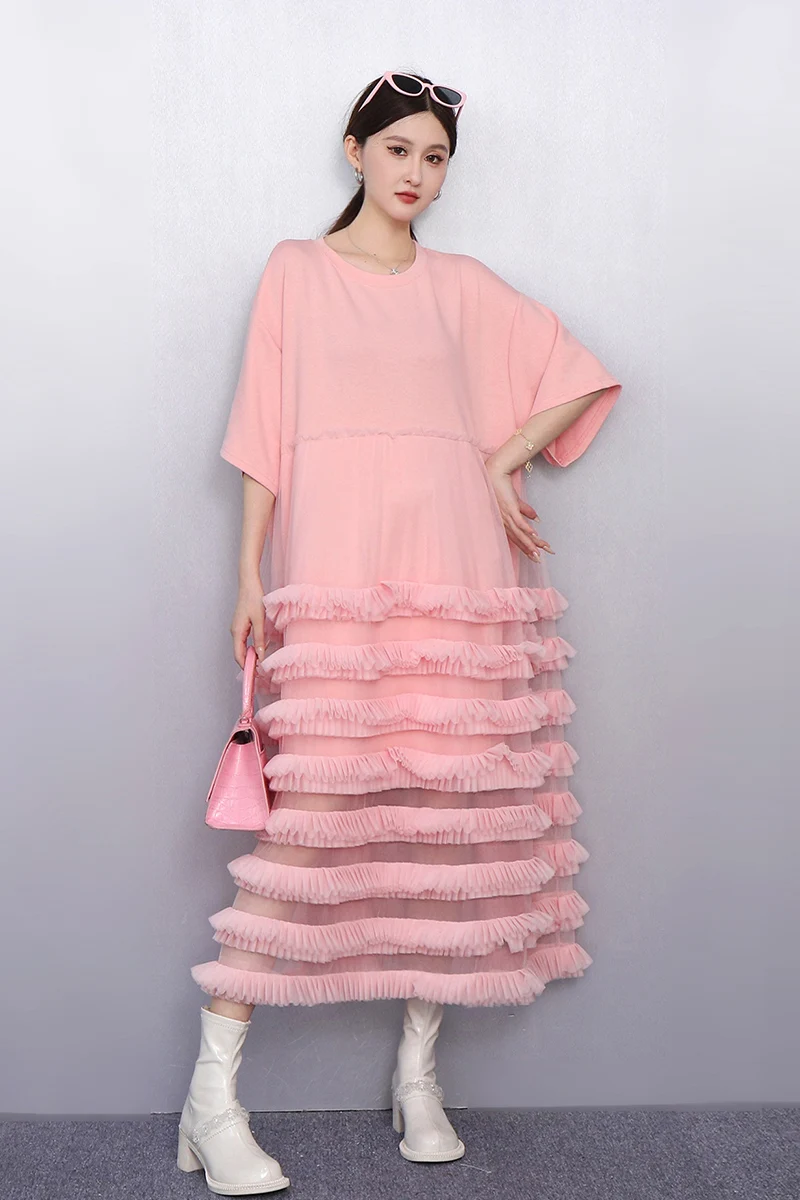 

2025 Spring Summer New Elegant Women Patchwork Mesh Loose Long Dresses Ladies Short Sleeve Cake Dress Wholesale J1178