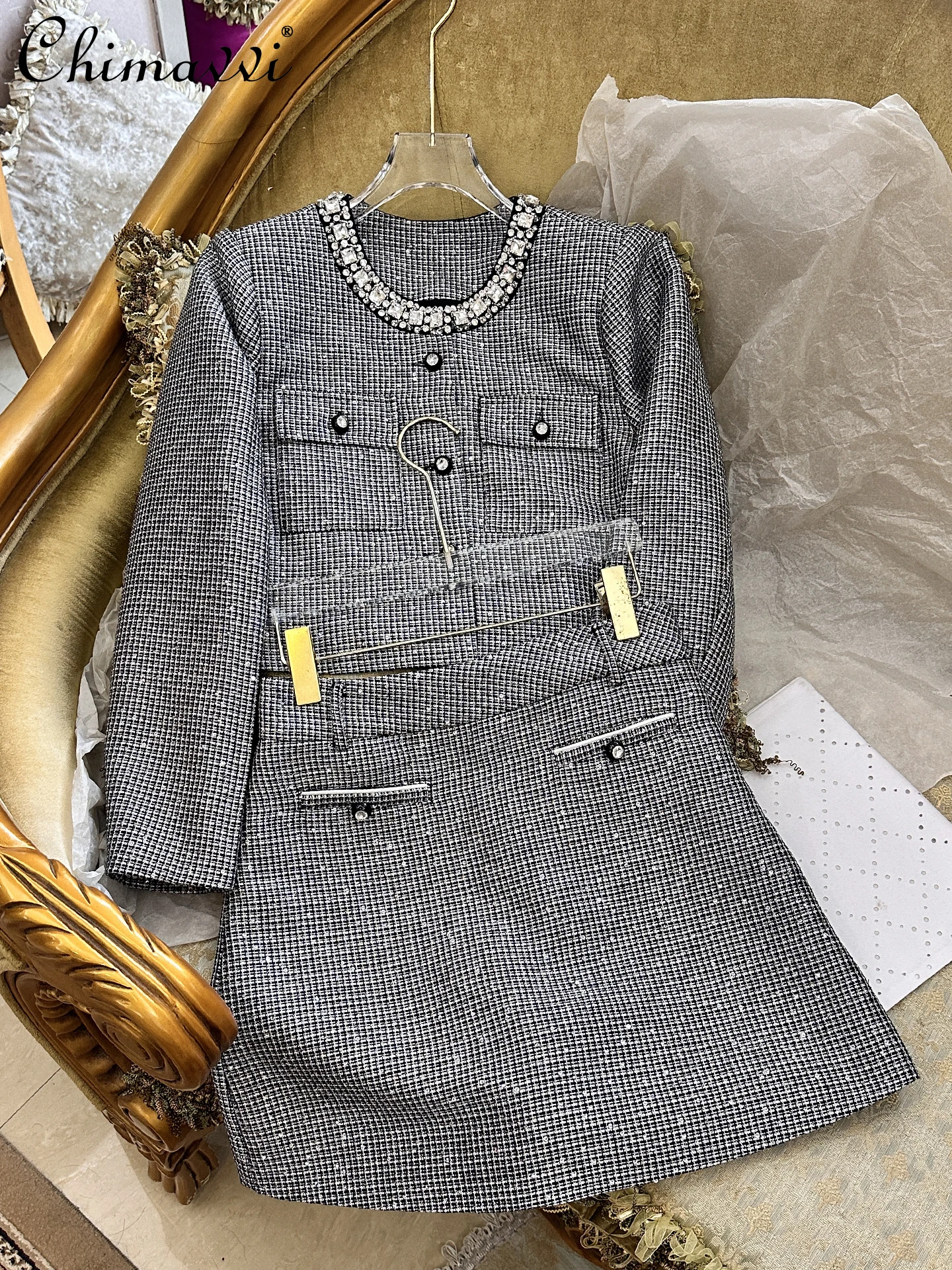

2025 Autumn Winter Vintage Skirt Set Heavy Beading Long Sleeve Slim Short Jacket + Skirt Pants Elegant Women's Two-Piece Set