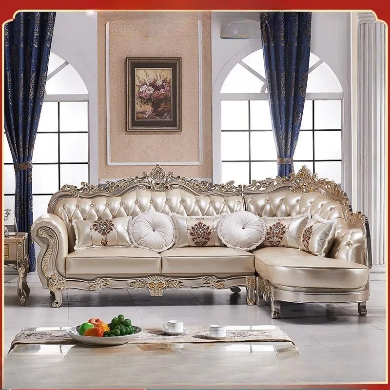 European leather corner sofa 123 combination living room solid wood carving flower top layer cowhide champagne gold