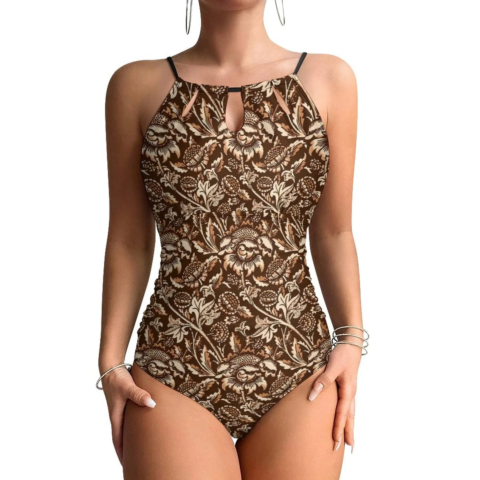 Brown Floral Swimsuit Sunflowers Print Swimwear One Piece Holiday Rave Bodysuit Halter Monokini Lady Push Up Sexy Beach Outfits