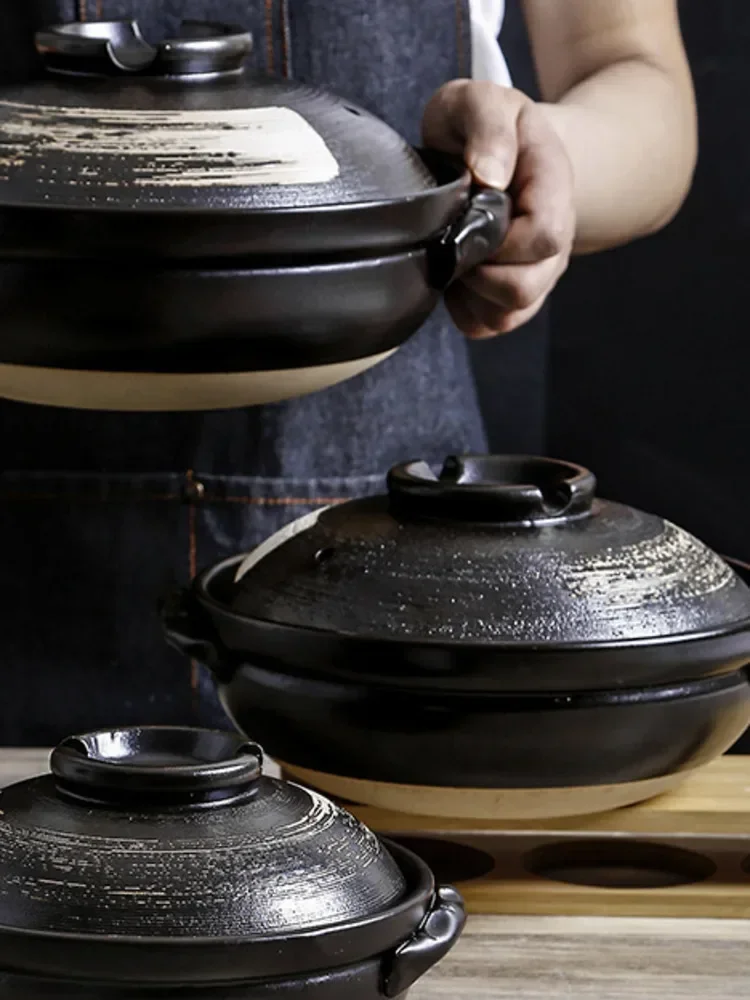 Japanese Ceramic Casserole Stew Pot Cooking Gas Retro Simple Black Soup Pot Resistant Cooking Rice Casserole Stewed Pot