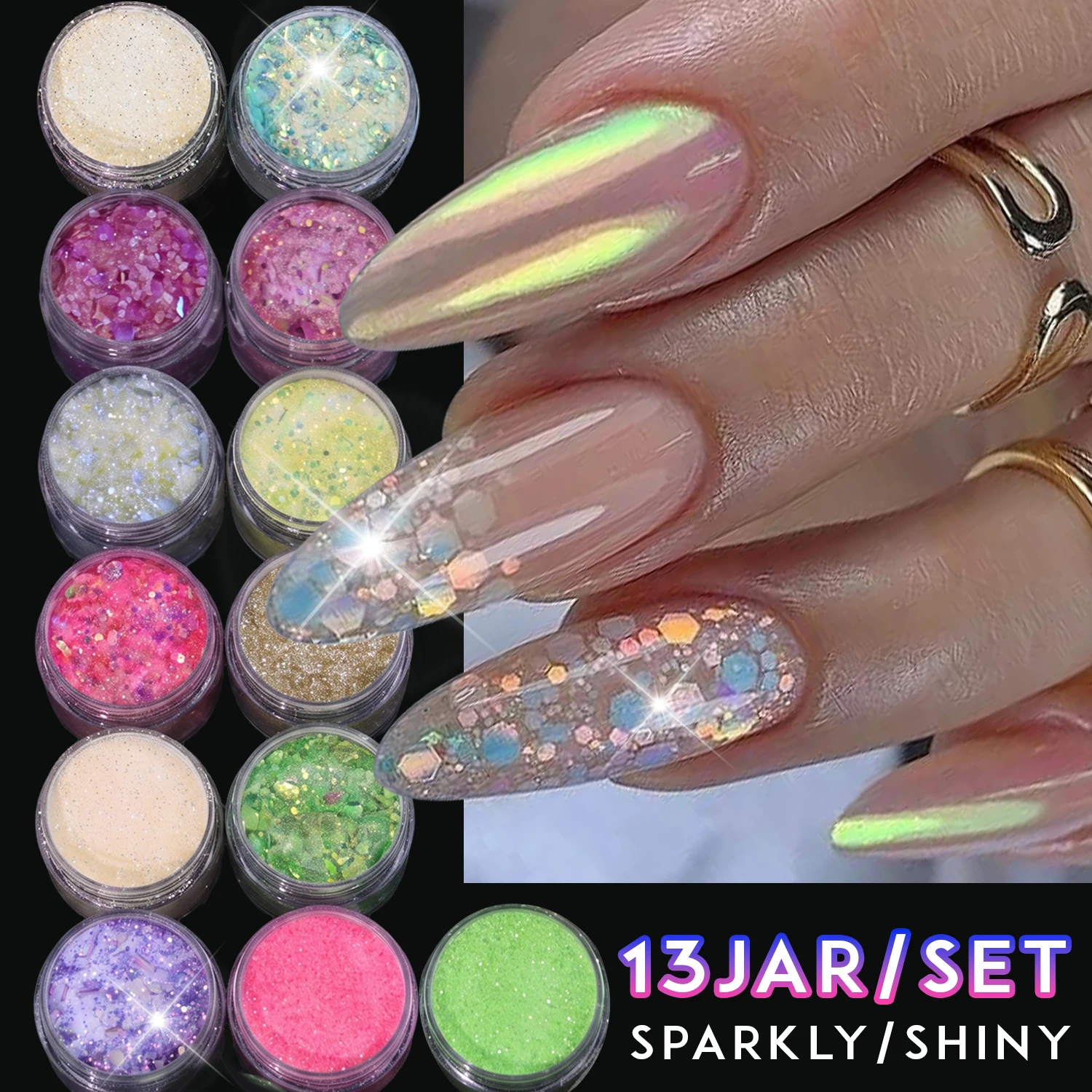 8/13 Jars Aurora Chrome Nail Powder Set Holographic Iridescent Glitter Sequins Sparkly Flakes DIY Nail Art Manicure Accessories