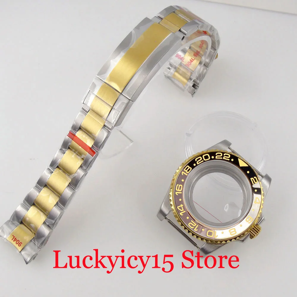 

40mm Two Tone Sliver Gold Watch Case Ceramic Insert Strap Glide Lock Clasp Fit NH35A NH36A NH34A ETA 2836 2824 MIYOTA8215 PT5000