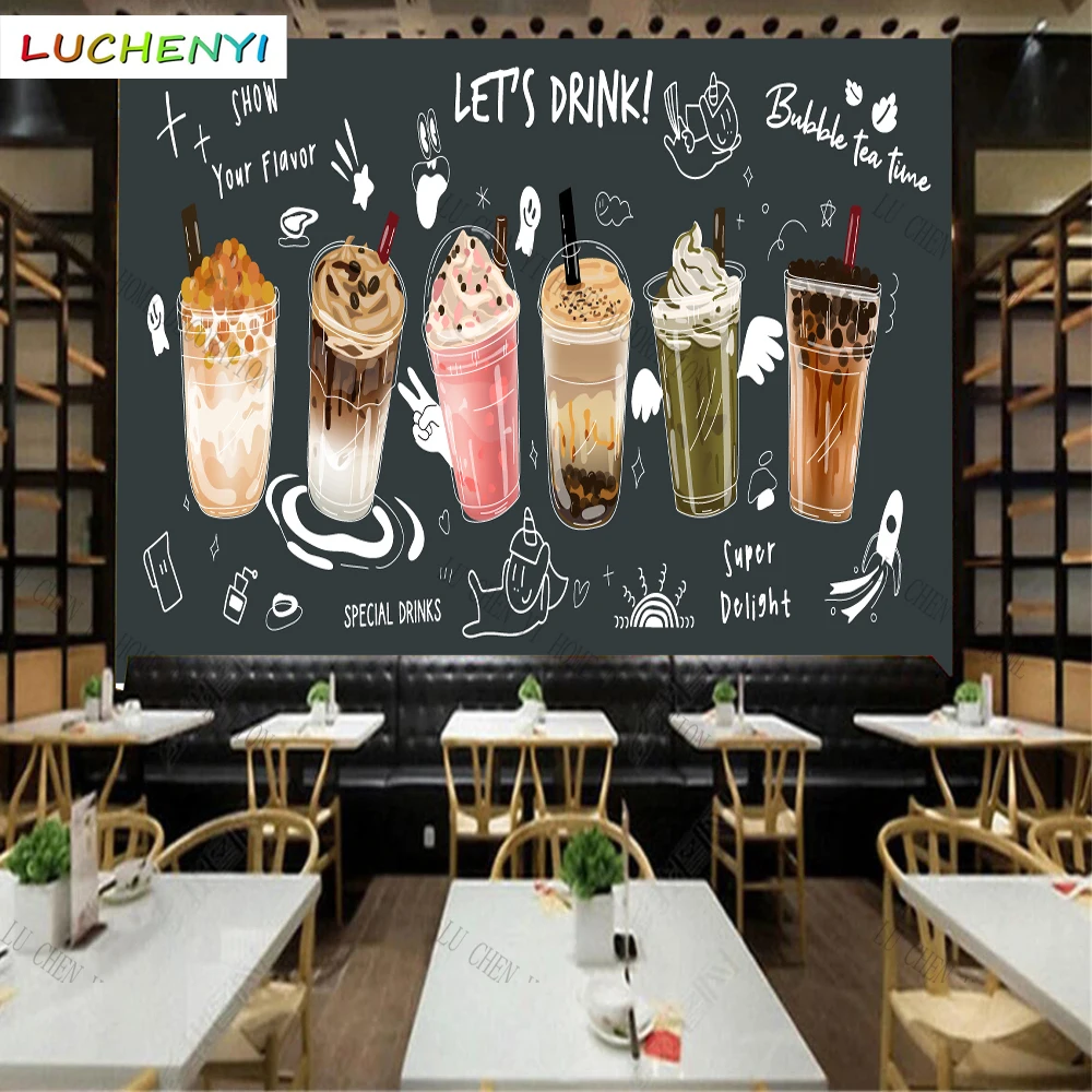 Custom cartoon bubble milk tea 3d wallpaper mural restaurant juice shop kitchen dining room wall papers home decor sticker