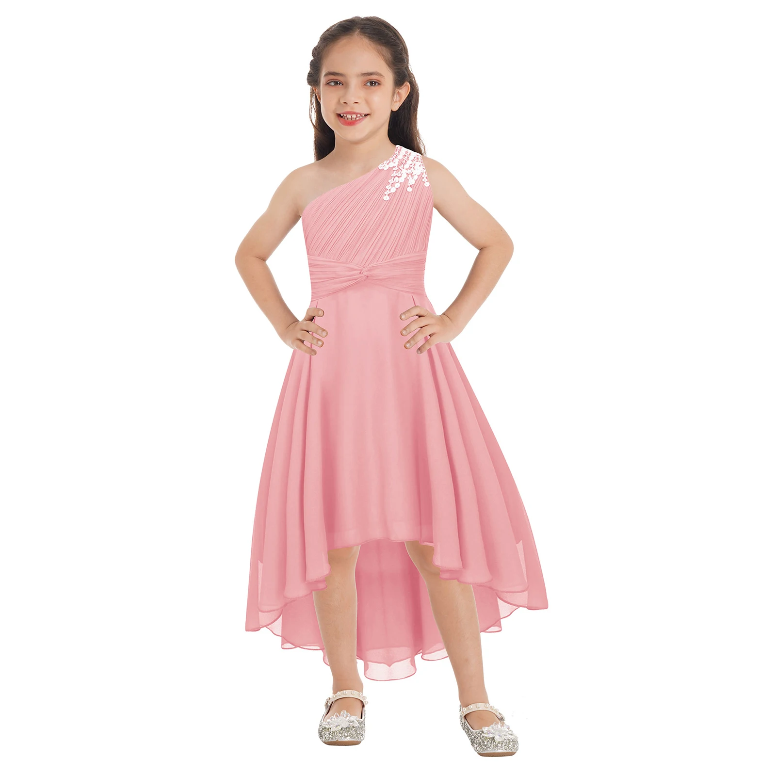 

Kids Girls Shiny Beaded Party Dress Ruched High Waist Chiffon Princess Dresses for Pageant Formal Wedding Birthday Evening Proms