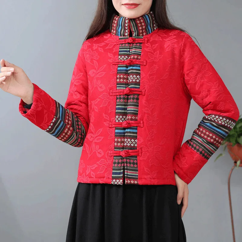 Traditional Tang Suit Stand Collar Autumn Winter Ethnic Style Women\'s Cotton Linen Coat Clothes Long Sleeve Padded Jacket Female