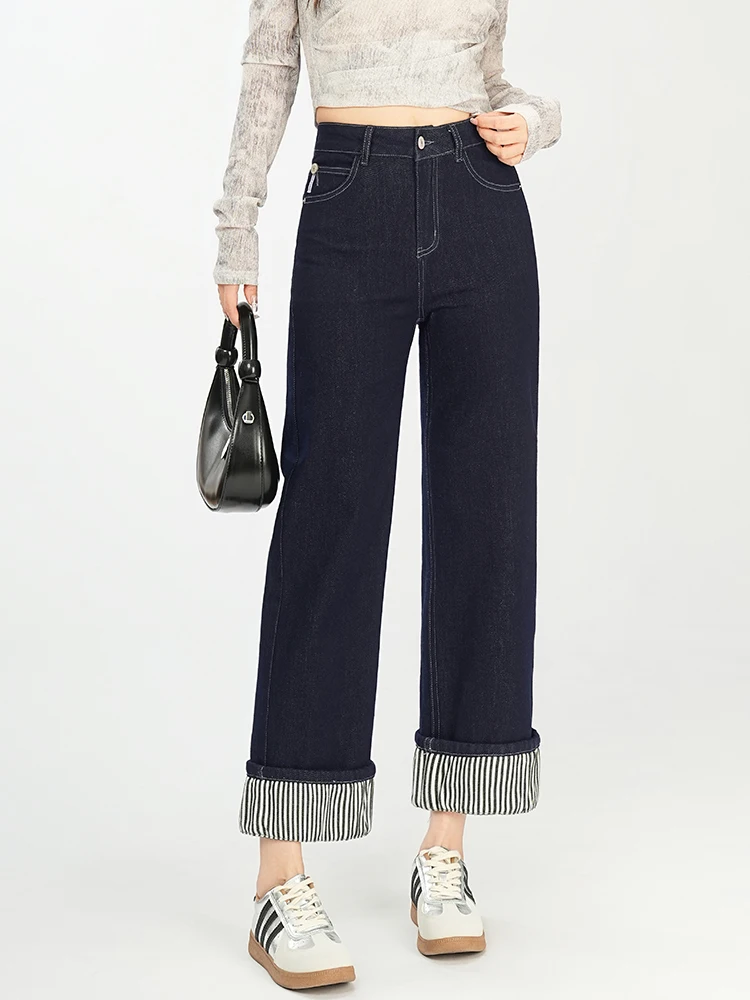 

Джинсы женские с высокой талией, прямые, из денима, весна-осень 2026, новый стиль, синие, укороченные, облегающие, широкие штанины