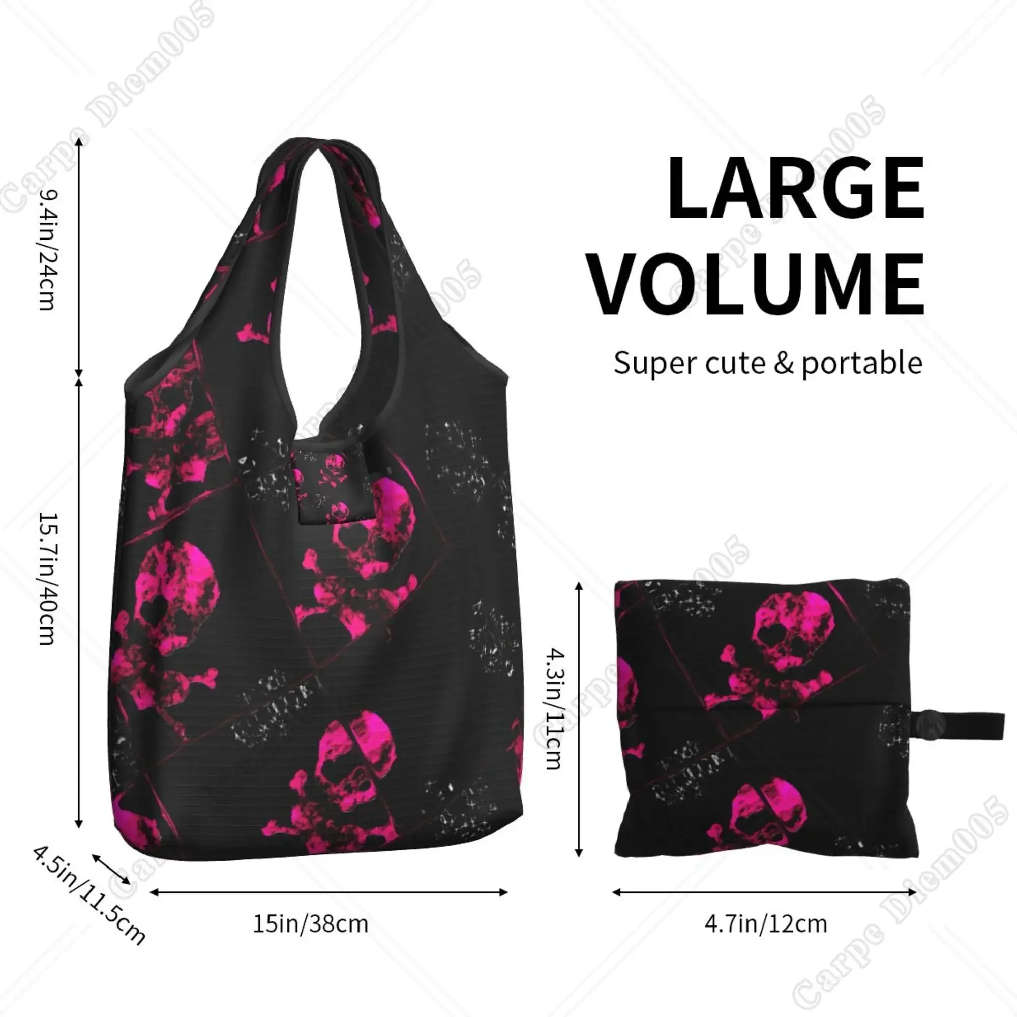 Skull Pink Purple Gothic Horror Tote Bag Folding Shopper Bag for Women Shopping Work Outdoor Walking Fashion No Zipper Eco Bag