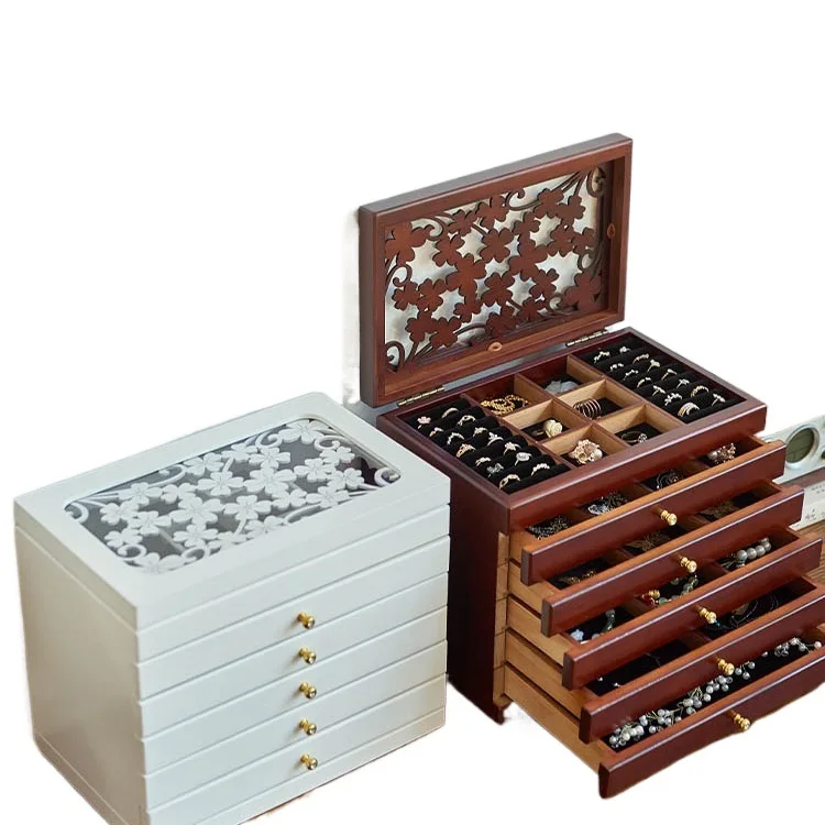 Custom Solid Wood Jewelry Box Wooden Storage Vintage Multi-layer Drawer Large Capacity Earrings Necklace Anti-oxidation view 5