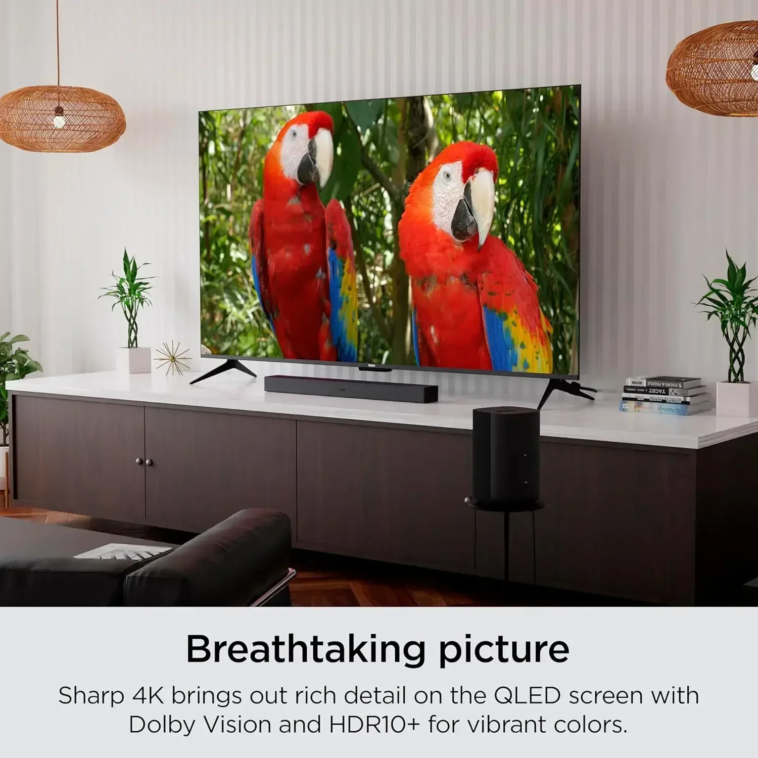 55" Plus Series 4K Dolby Vision HDR10+ QLED Smart RokuTV with Voice Remote Pro, Striking 4K Resolution, Automatic Brightness