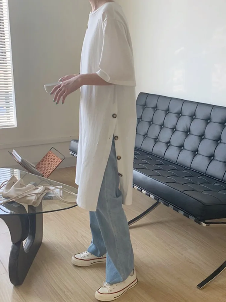 Japonais paresseux Sle bouton T-shirt femmes Faion Simple décontracté ample mi-long Dr Version coréenne couleur Pure mélange de coton