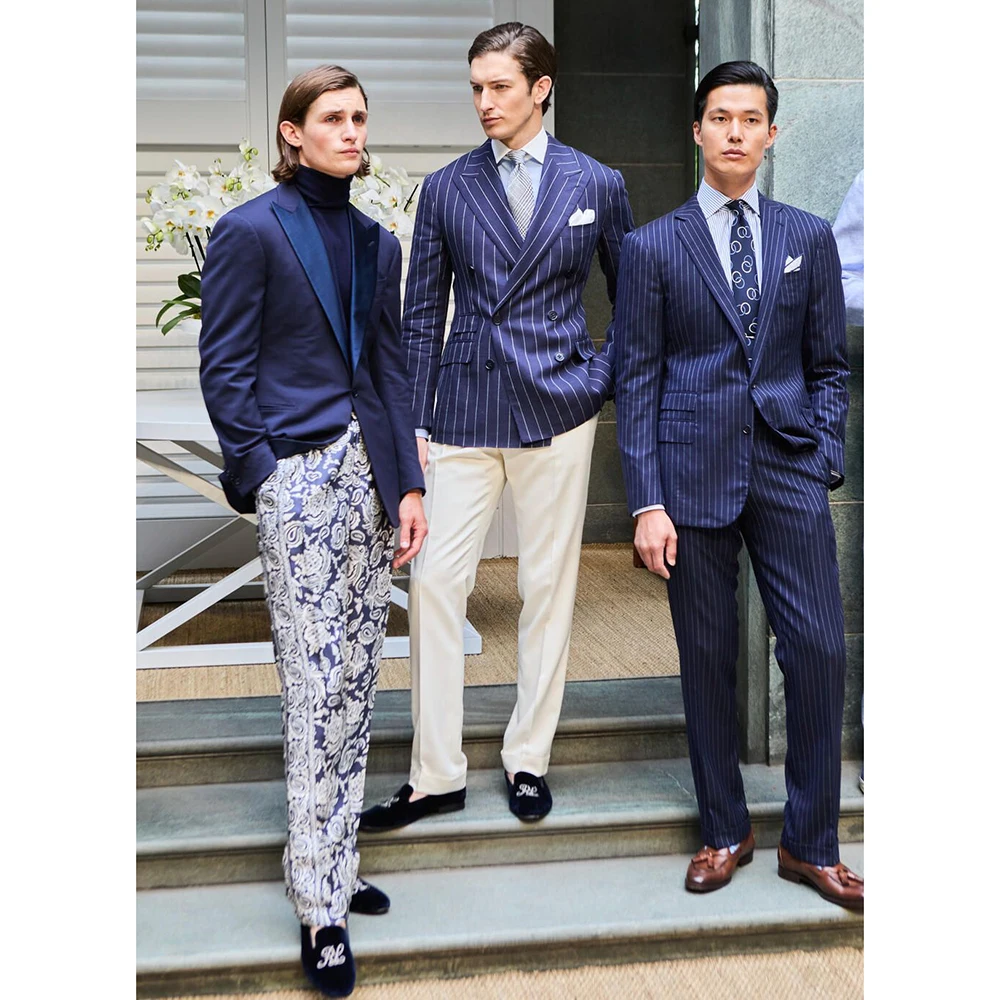 

Elegant Navy Blue Men's 2 Pieces Suit Set Peak Lapel Double Breasted Blazer Beige Pant Sets Wedding Business Office Daily Suit