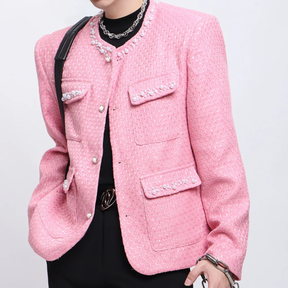 

European Style Pearl Decoration Coat Jacket Club Party Stylish Blazer Men Stage Suit High Quality Luxury Punk Blazer Jacket