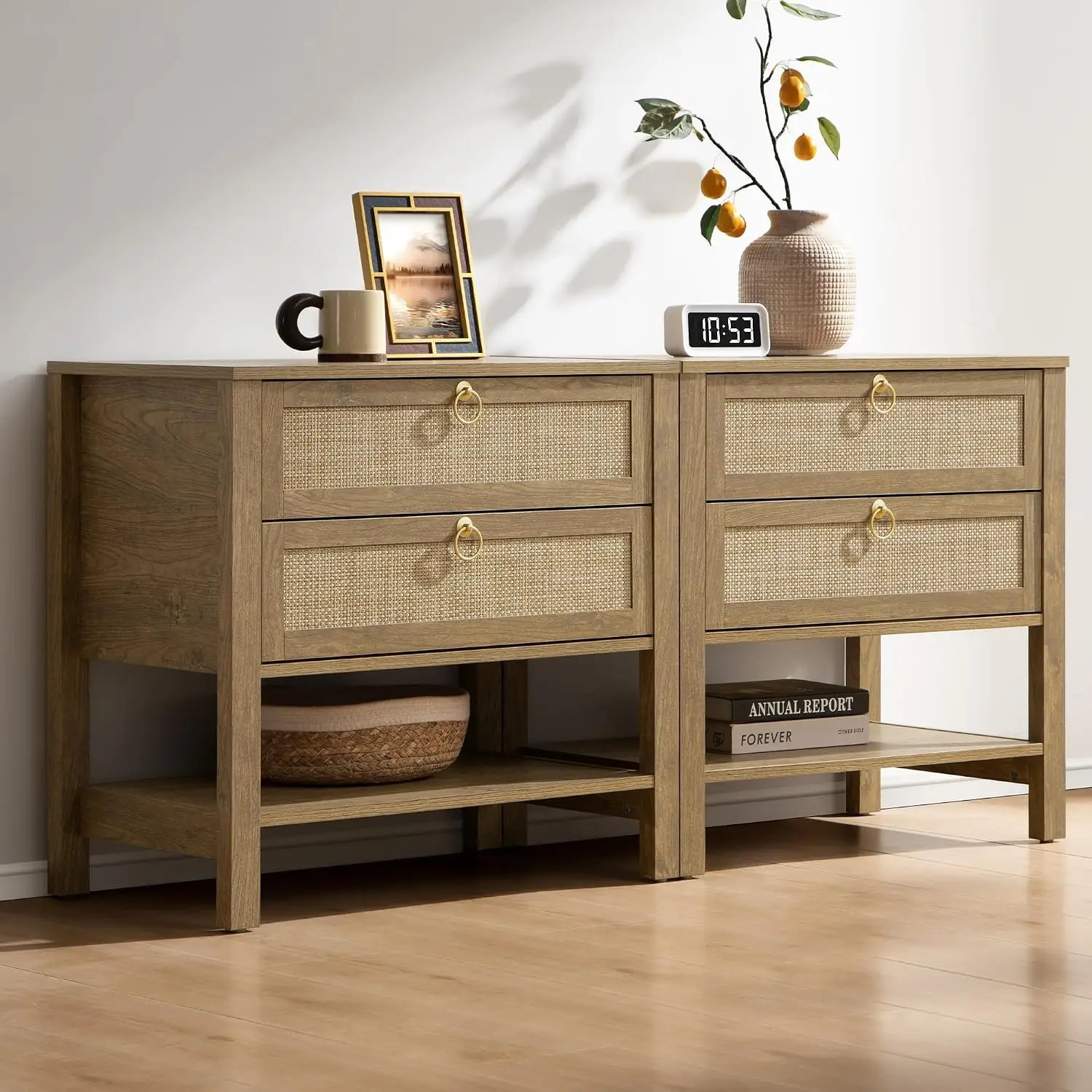 Rattan Nightstand Set of 2, Wide Boho Bedside Table with 2 Drawers, Customized