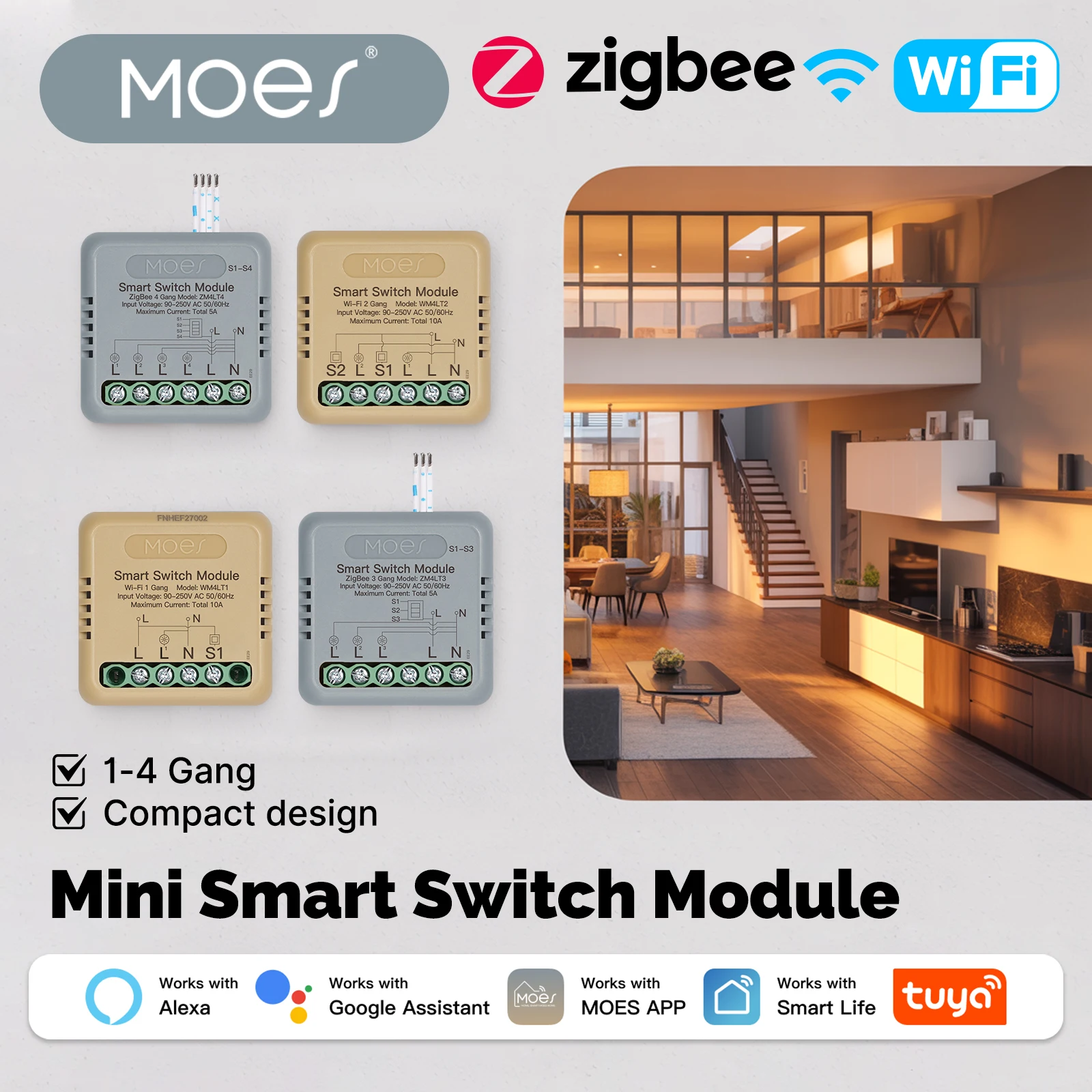 

MOES Tuya Smart Mini Switch Module WiFi ZigBee 1-4 Gang DIY Timer Remote Control Home Automation Works with Alexa Google Home