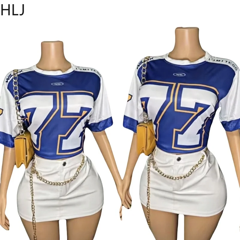 HLJ American Style Y2K Fashion Letter Print Tshirts Two Piece Sets Women O Neck Loose Top And Denim Mini Skirts Outfits Street