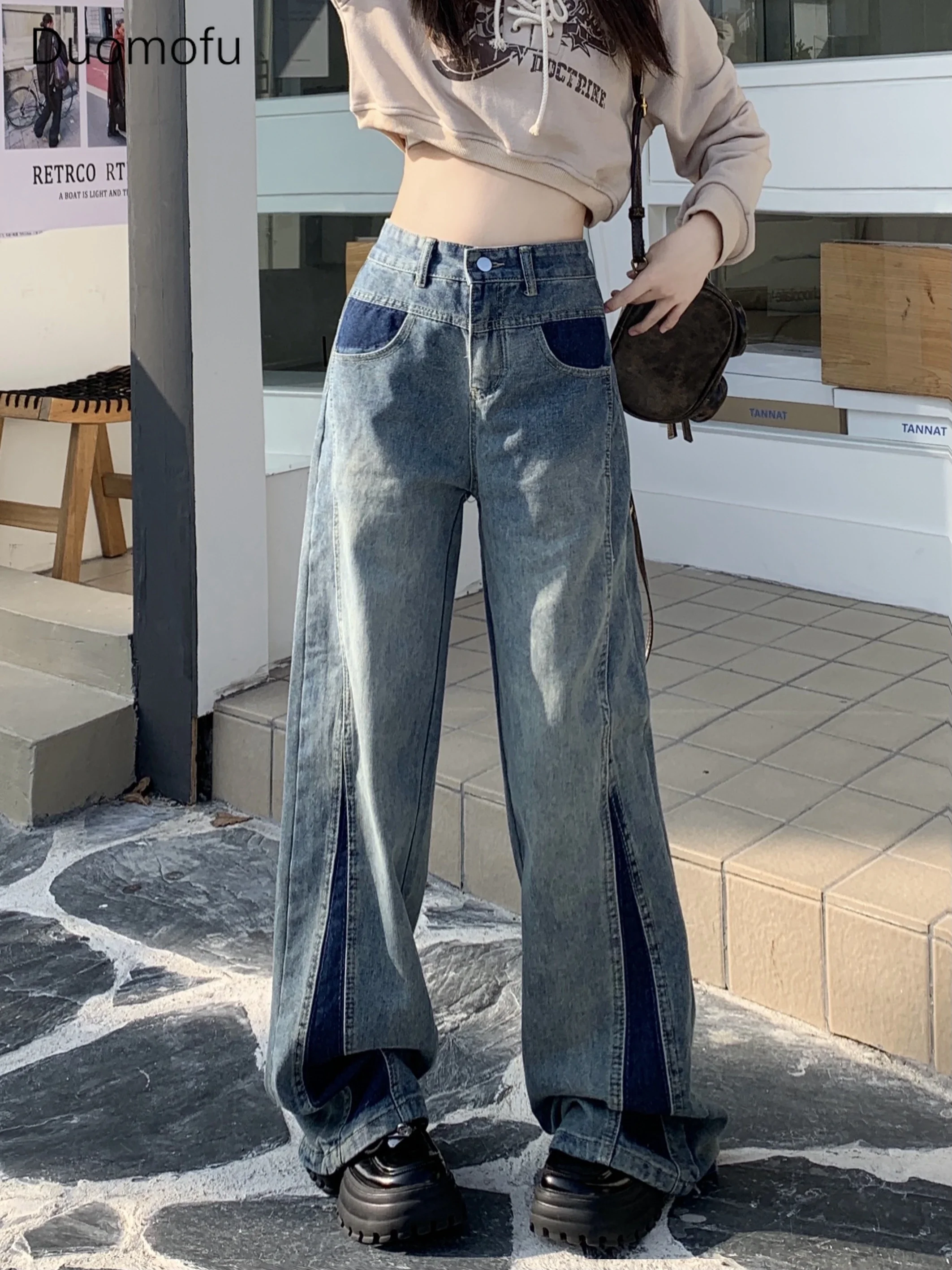 

Duomofu Fashion Washed Loose Contrast Color Women Jeans Autumn New Basic Zipper Button Chic High Waist Slim Casual Female Jeans