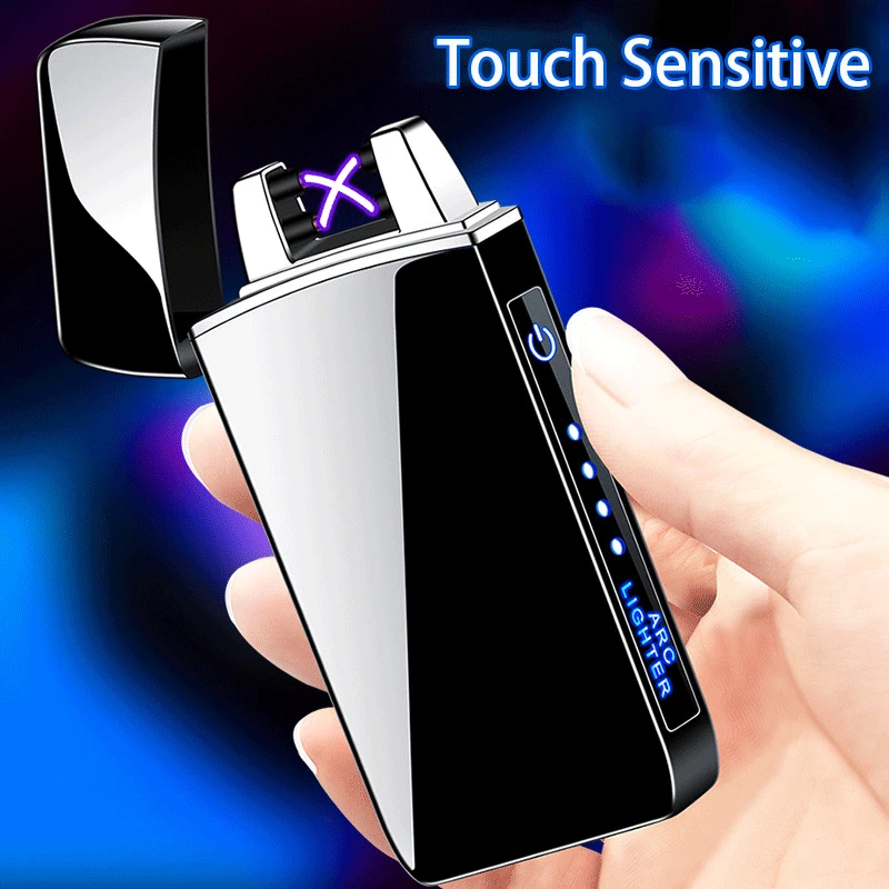 Double Arc Windproof Flameless Fingerprint Touch Lighter with LED Battery Display USB Touch Metal Plasma Lighter Men\'s Gift