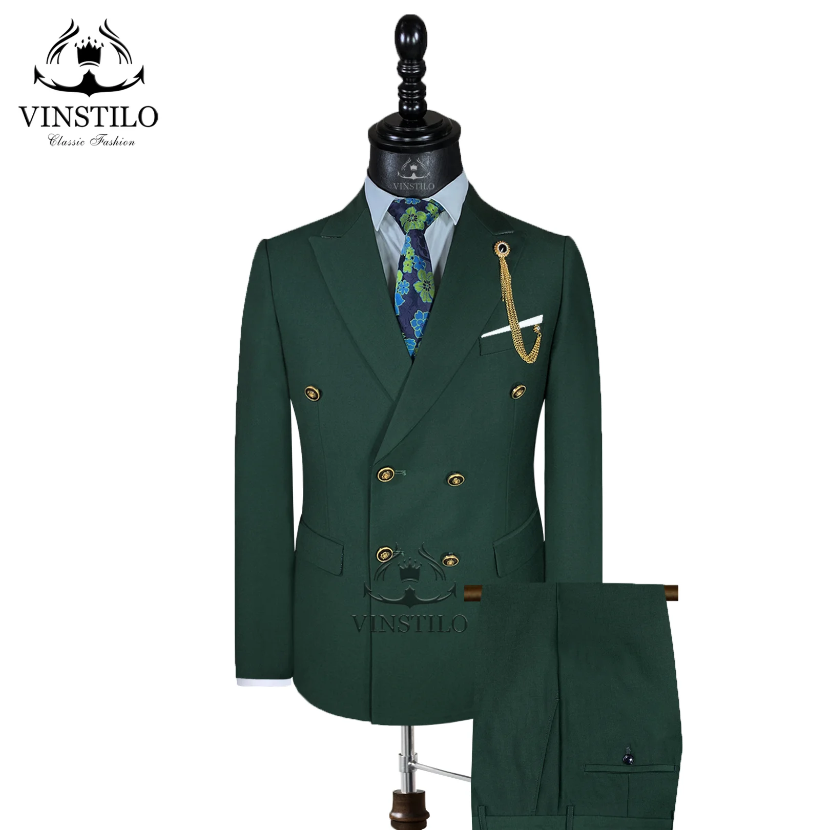 

VINSTILO High Quality Men's Suits Bespoke Double-Breasted Peaked Jacket Slim Fit Pants Male Wedding Party Dresses Formal 2 Piece