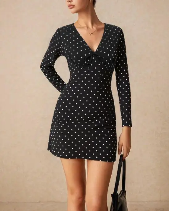

Women's Dress 2026 Spring Slim Fit Retro Classic Polka Dot Print V-Neck Fashionable Temperament Elegant Long Sleeved Dress