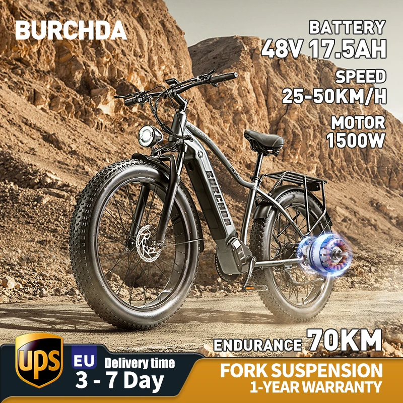 BURCHDA RX50 1500W50KM/H Mountain Electric Bicycle 48V17.5AH Lithium Battery 26 Inch Fatbike Electric Bike For Adults Motorcycle