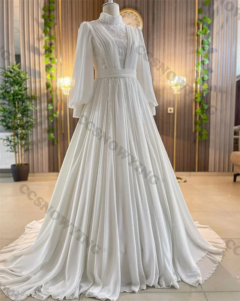 Chiffon Sequin Beaded Muslim Hijab Wedding Dress for Bride Long Sleeve High Neck Islamic Bridal Gowns Arabic Robe De Mariée