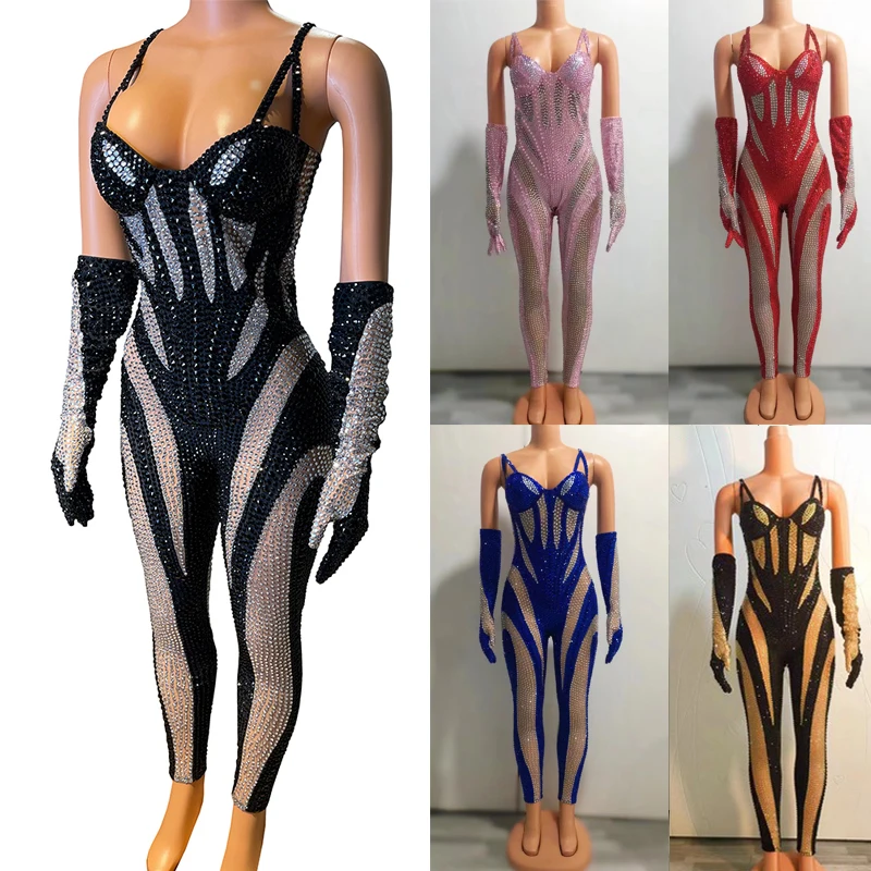 Sexy Sling Black and Silver Rhinestone Jumpsuit Gloves Nightclub Party Festival Rave Outfit Female Stage Show Costume XS4716