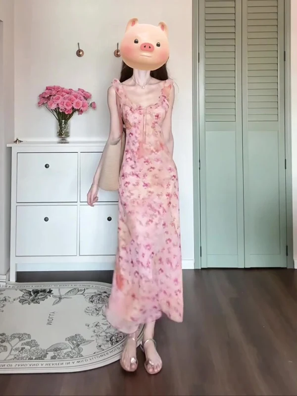 فساتين نسائية بدون أكمام من الحرير الربيعي الأزرق ومنظور شفاف من Ditsy بطبقات للنزهة والطبيعة الرعوية اللطيفة Y2K #4