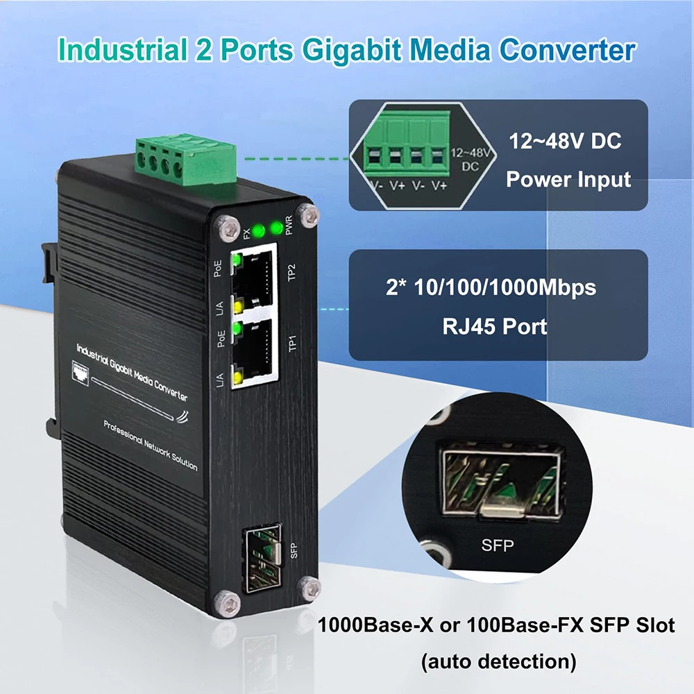 

Mini Industrial 2 Ports Gigabit Fiber Media Converter IEEE 802.3af/at 30W PoE+ Fiber Switch with 2 RJ45 Port and 1 SFP Port