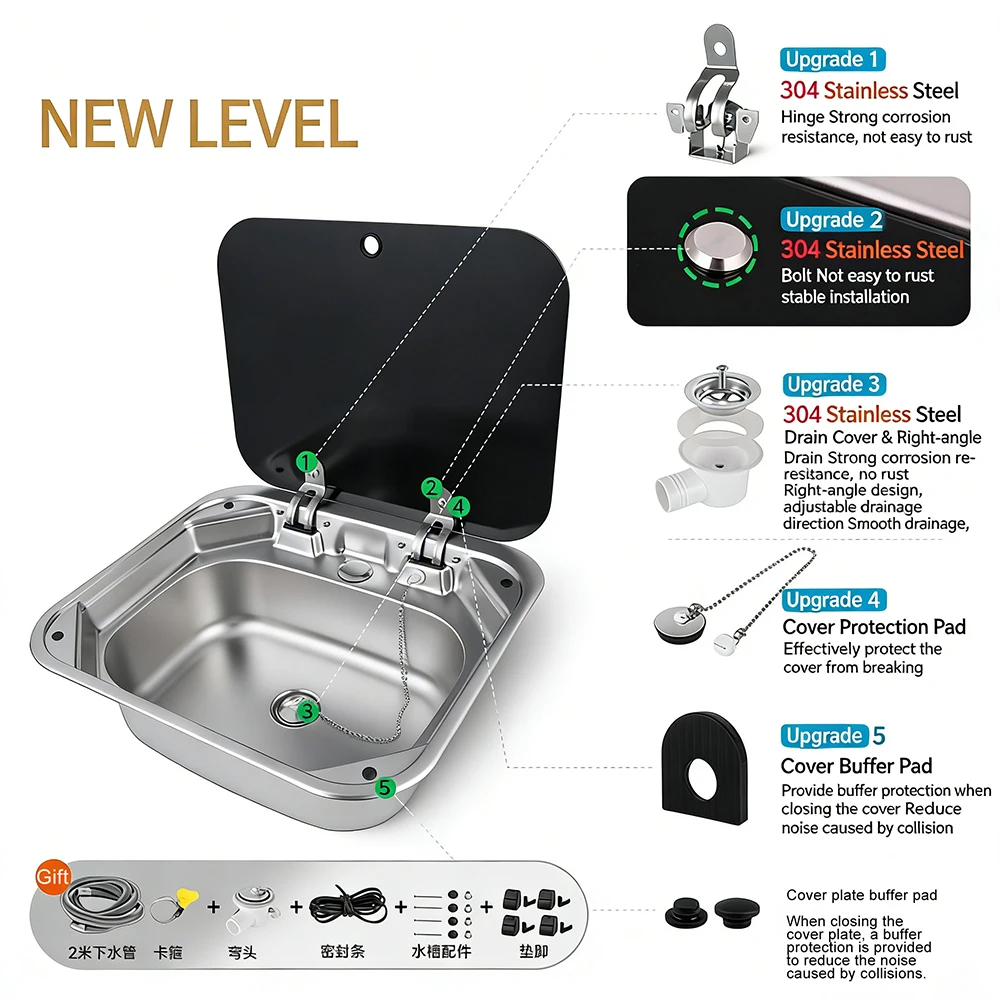 RV Stainless Steel Sink, Square Dishwashing Basin, Kitchen Wash Basin, Marine Sink with Cover Plate