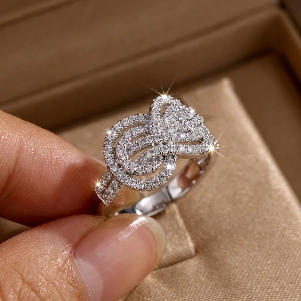 Kreuzknoten-Ring aus Kubischem Zirkonia und Kupfer für Frauen, Verflochtenes Seil-Design, Symbolischer Minimalistischer Stapelbarer Fingerschmuck – Detail 7