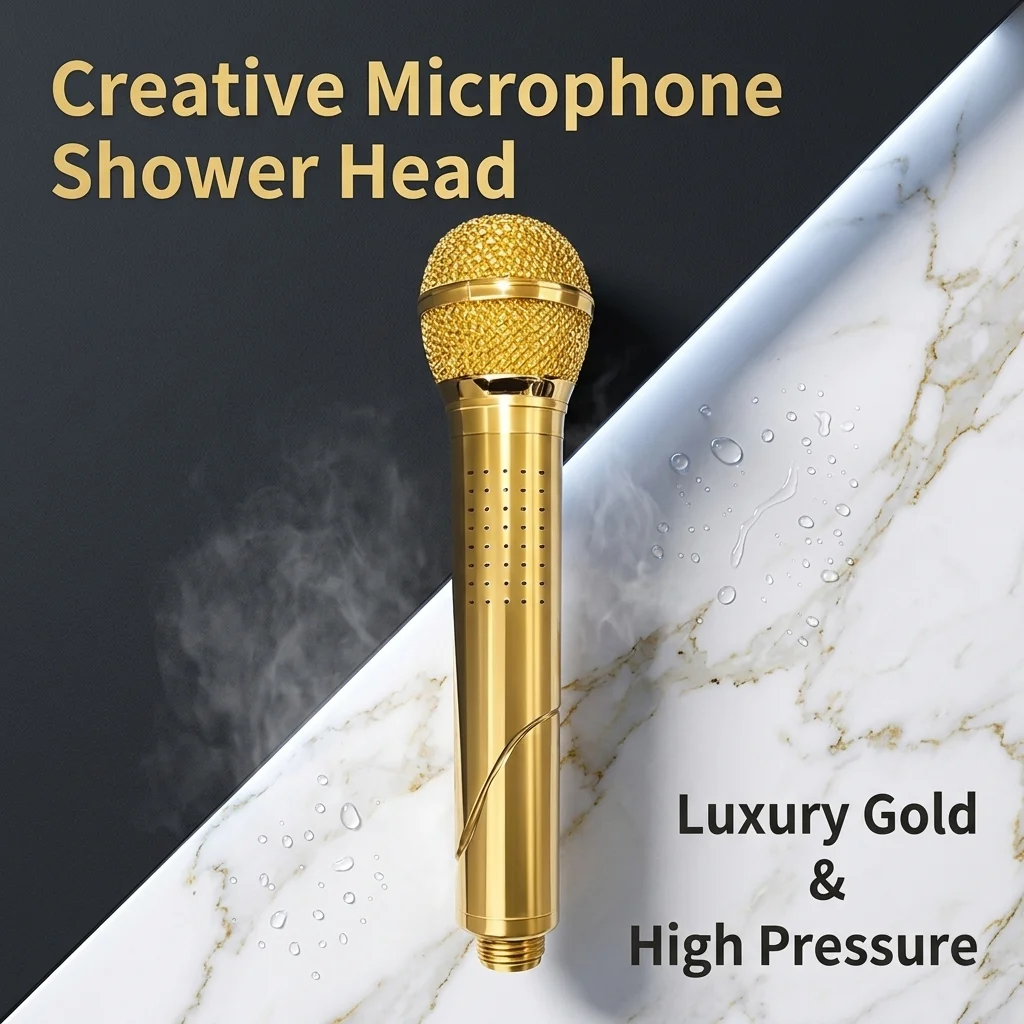 

Creative Gold Microphone Shower Head Space Aluminum High Pressure Handheld Showerhead Luxury Bathroom Rainfall Spray Nozzle