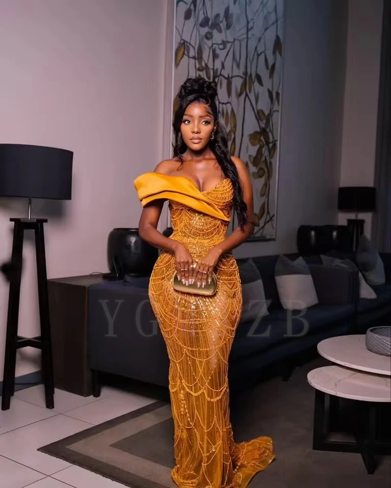 

Aso Ebi Evening Dresses Gold Long Mermaid Off Shoulder Beaded Pearls Chic Birthday Dress Luxury Wedding Party Formal Prom Gowns